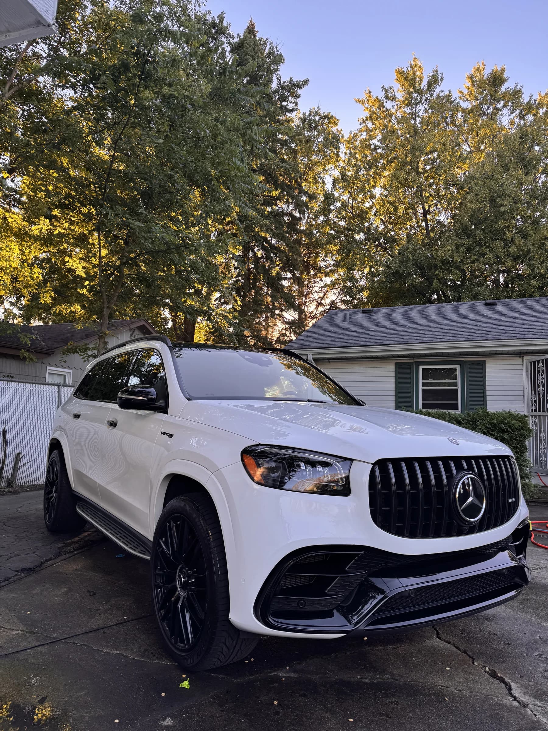 White Mercedes-Benz GLS after an exterior detail