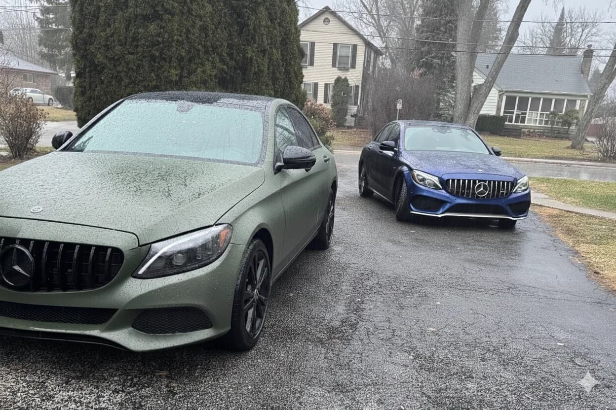 Two Mercedes C-Class sedans beading water after an exterior detail